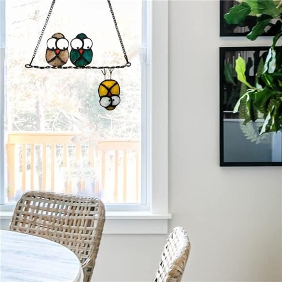 Owl Suncatcher Stained Glass Window Hanging Bird Ornament Home Decor Gift - Picture 3 of 7